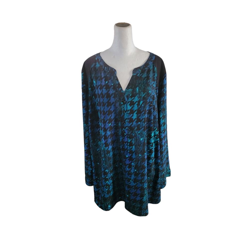 Catherines Geometric Blouse Women’s‎ 1X Multicolor Faux Suede Trim Plus Size Top